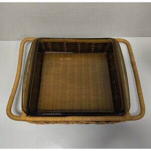 8" Square PYREX UK Brown Glass Casserole Dish 21 cm Amber Handled Wicker Basket